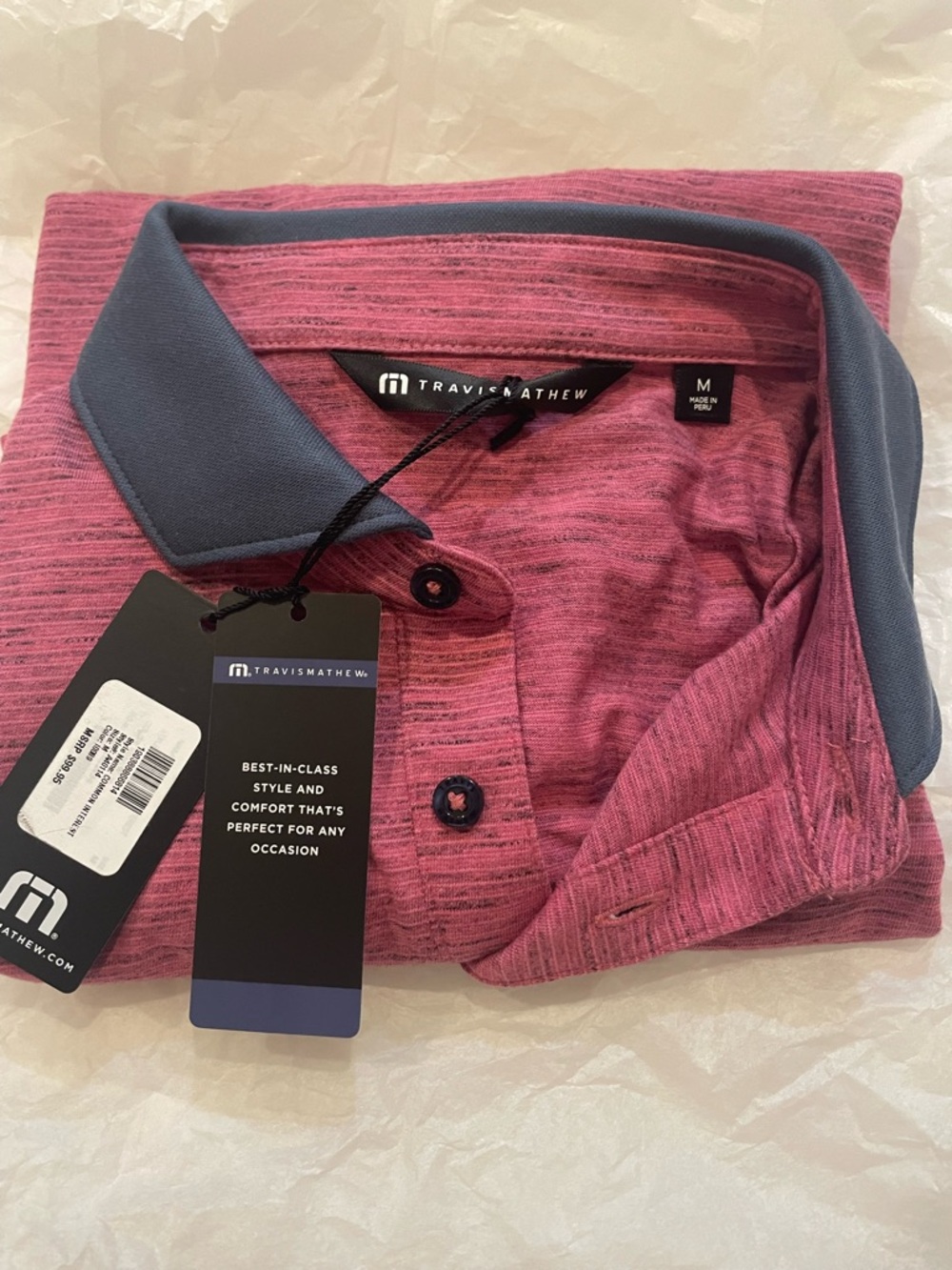 Travis Mathew Pink Heather Polo with Blue Collar